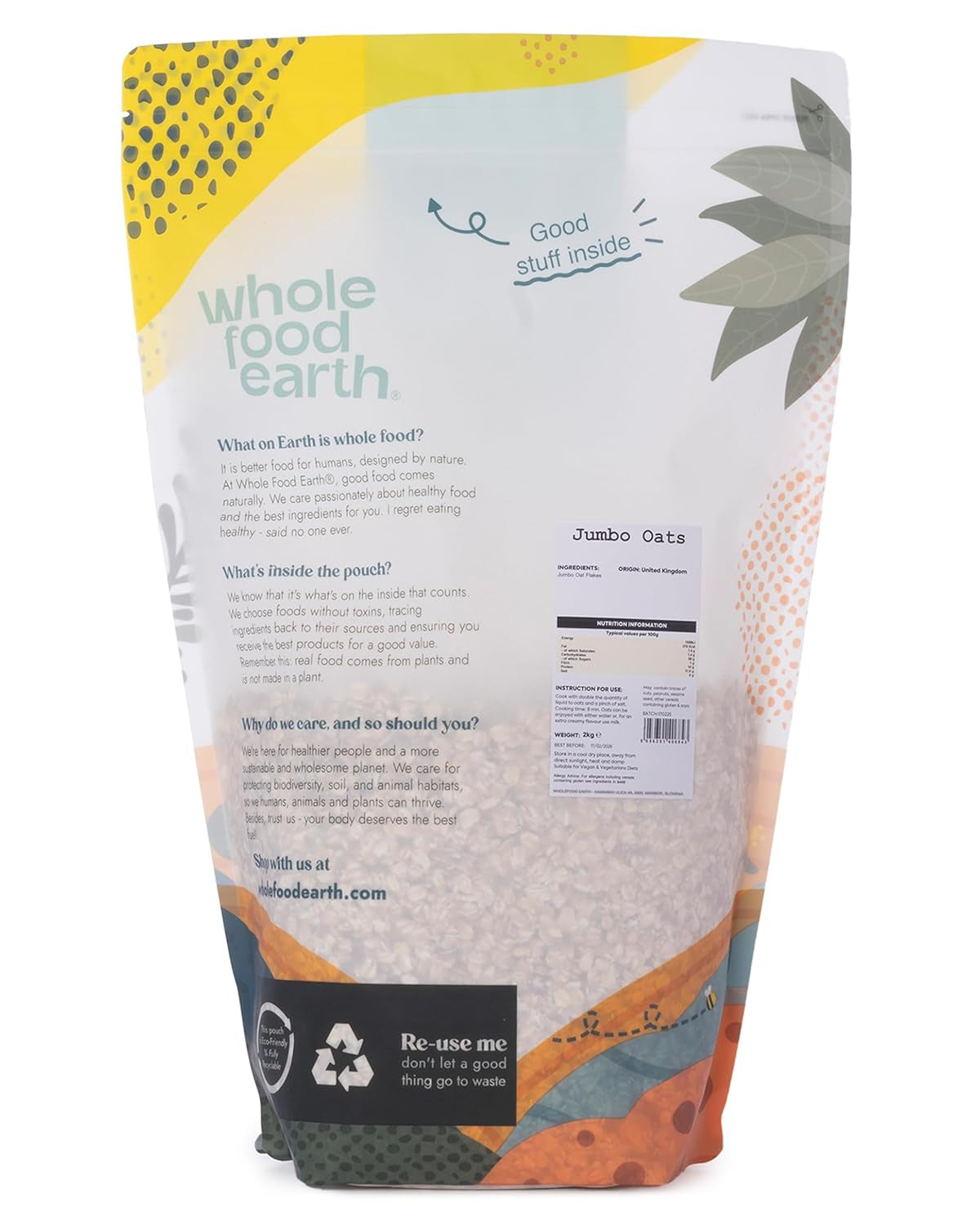 Farina d'avena Jumbo Wholefood Earth - senza OGM - vegana - senza latticini - senza zuccheri aggiunti 2 kg