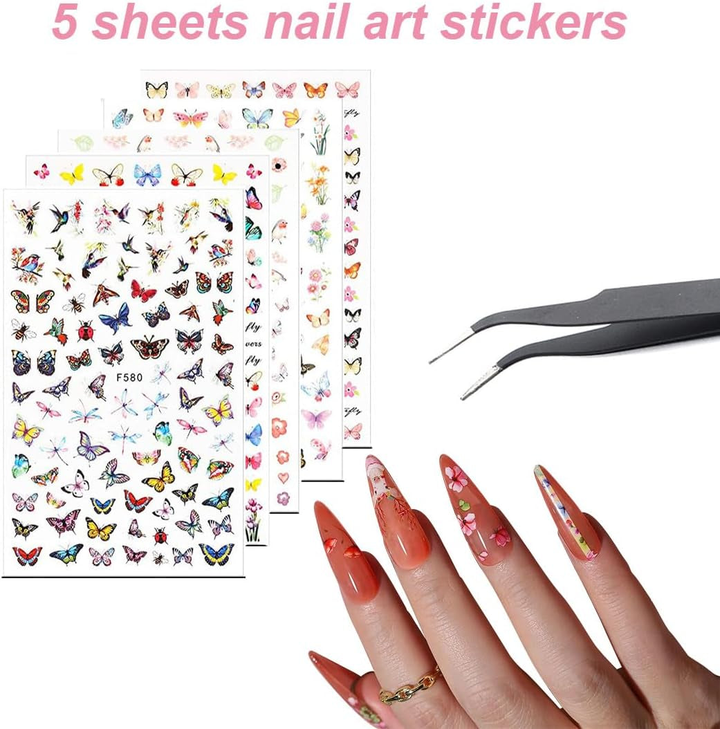 Set di adesivi per unghie e accessori - 5 adesivi per unghie, pennello, pietre, nastro decorativo, lamina d'oro - Perfetto per manicure e unghie in gel - Set da 50 pezzi