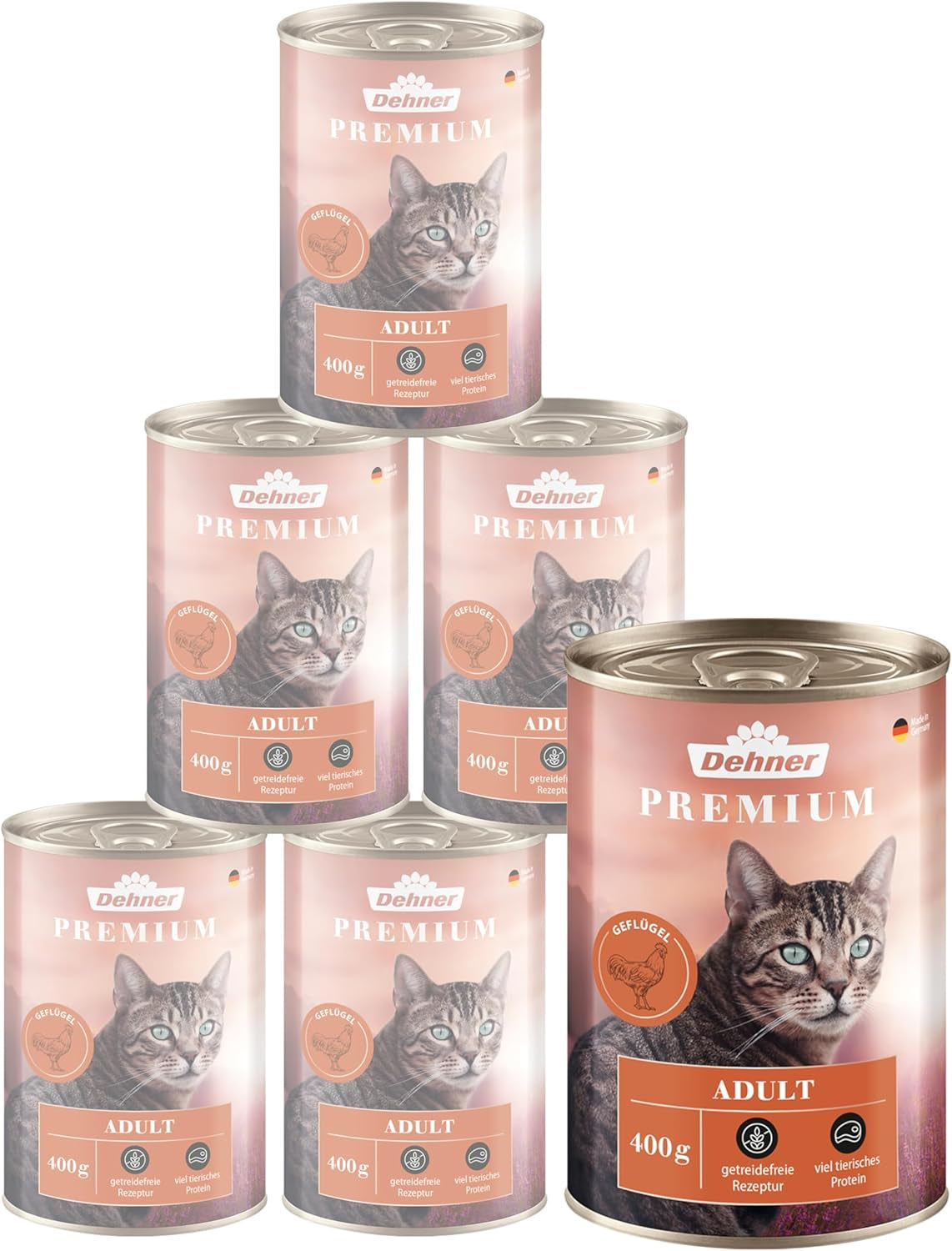 Dehner Premium cibo umido per gatti, senza cereali, per gatti adulti, pollame, 6 lattine da 400 g (2,4 kg)