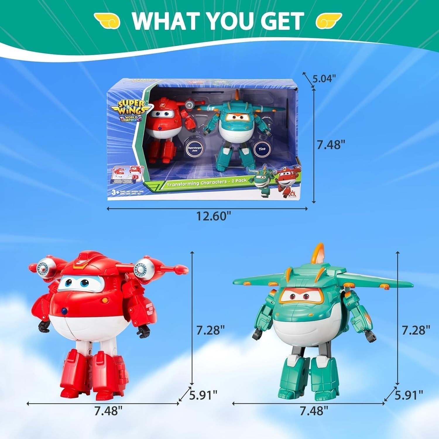 Super Wings Personaggi trasformanti da 5" Confezione da 2 Jett sovralimentato trasformante + Tino Giocattolo trasformatore per ragazzi e ragazze dai 3 anni in su Action Figure rosse Naty Shop
