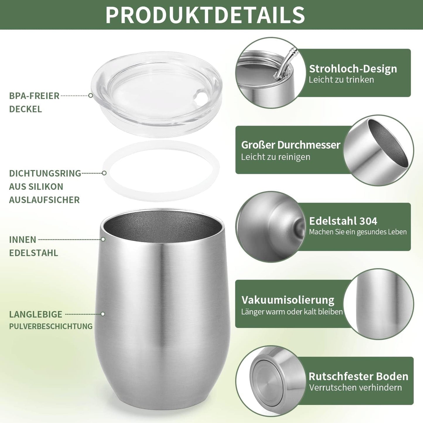 Tazza Modern Mate da 340 ml, Set di Tazze Yerba Mate in Acciaio Inossidabile a Doppia Parete coibentato, Tazza da tè Mate con Coperchio Senza BPA, Bombillas e una Spazzola per la Pulizia (Argento)