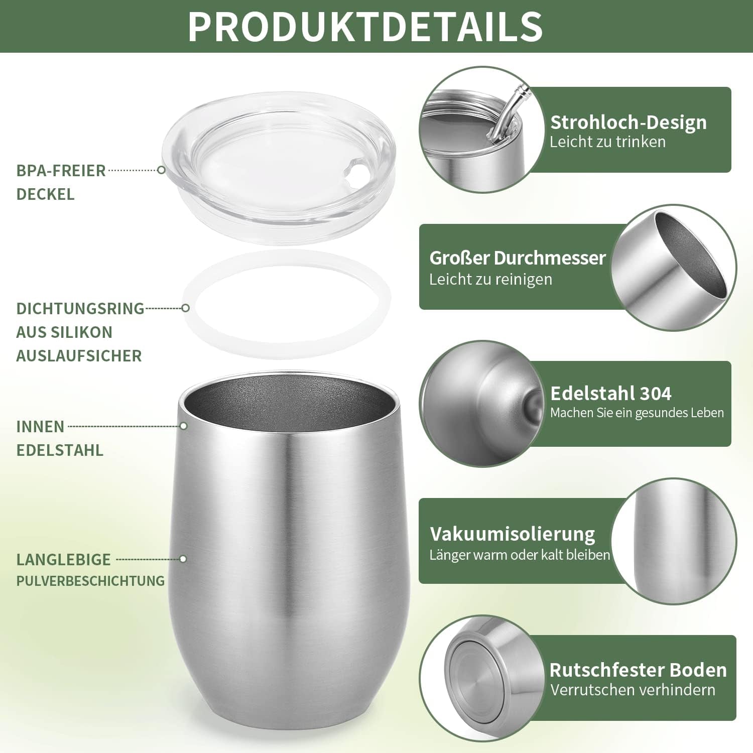 Tazza Modern Mate da 340 ml, Set di Tazze Yerba Mate in Acciaio Inossidabile a Doppia Parete coibentato, Tazza da tè Mate con Coperchio Senza BPA, Bombillas e una Spazzola per la Pulizia (Argento)