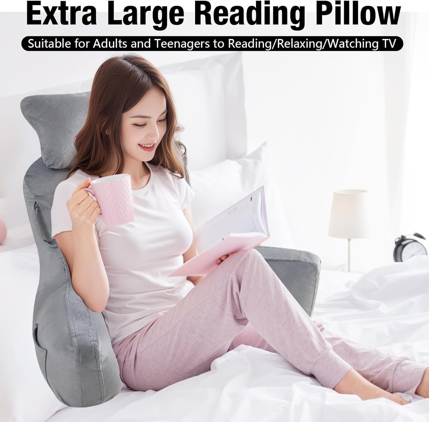 Cuscino da lettura per adulti nel letto, schienale extra large da 90 x 80 cm (LxA) per la lettura con supporto per il collo e braccio di supporto rimovibili, comodo cuscino da lettura per letto, divano o schienale da pavimento