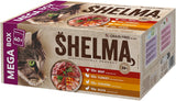 Shelma Cibo umido per gatti Megapack con manzo, tacchino, pollo e anatra - Alimento completo senza cereali ad alto contenuto di carne - 40 x 85 g (3,4 kg)