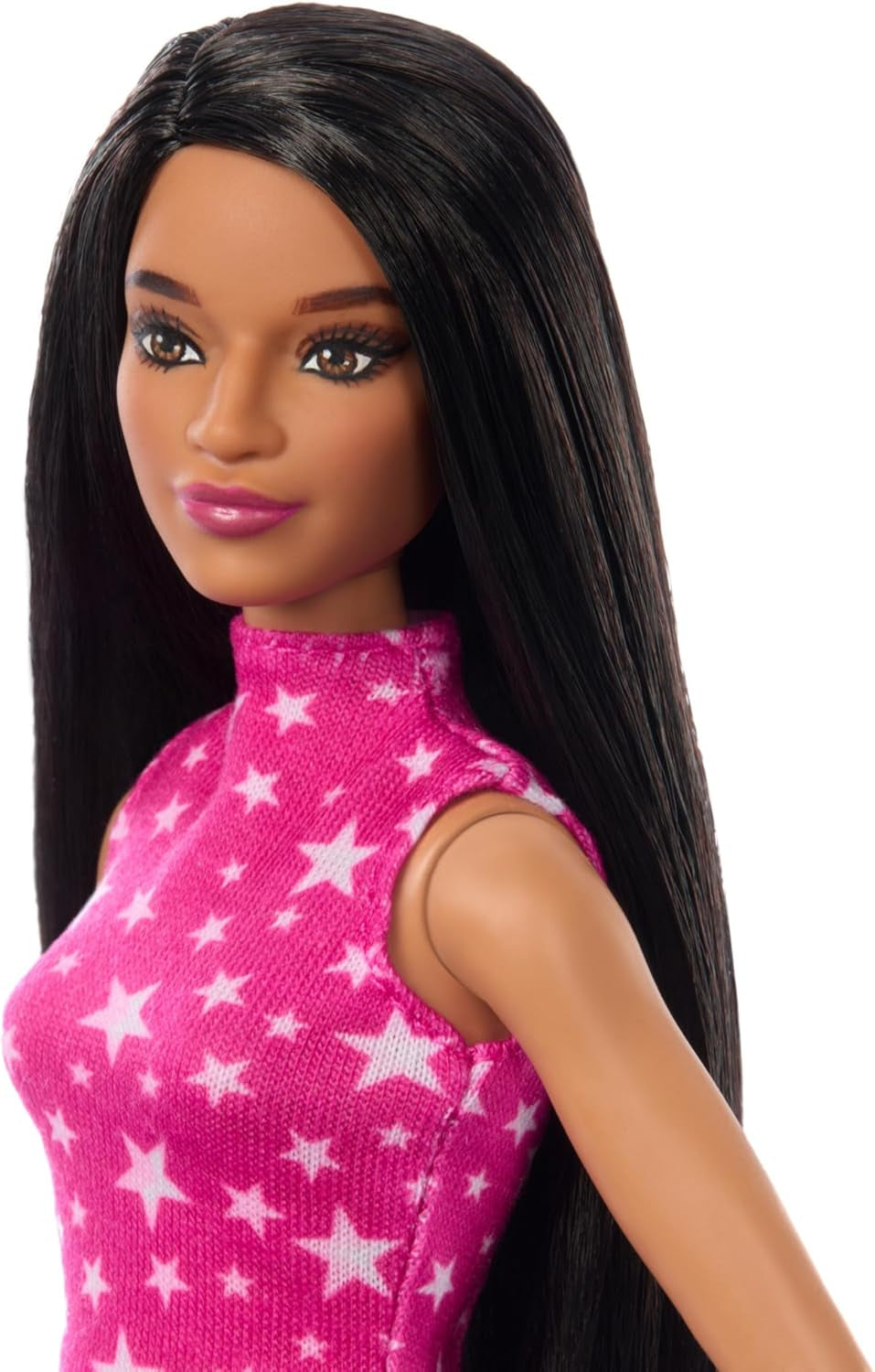 Bambola Barbie Fashionistas n. 215 con capelli neri lisci, top con motivo a stelle rosa e gonna iridescente, bambola alla moda da collezione per il 65° compleanno HRH13 Naty Shop Dolls