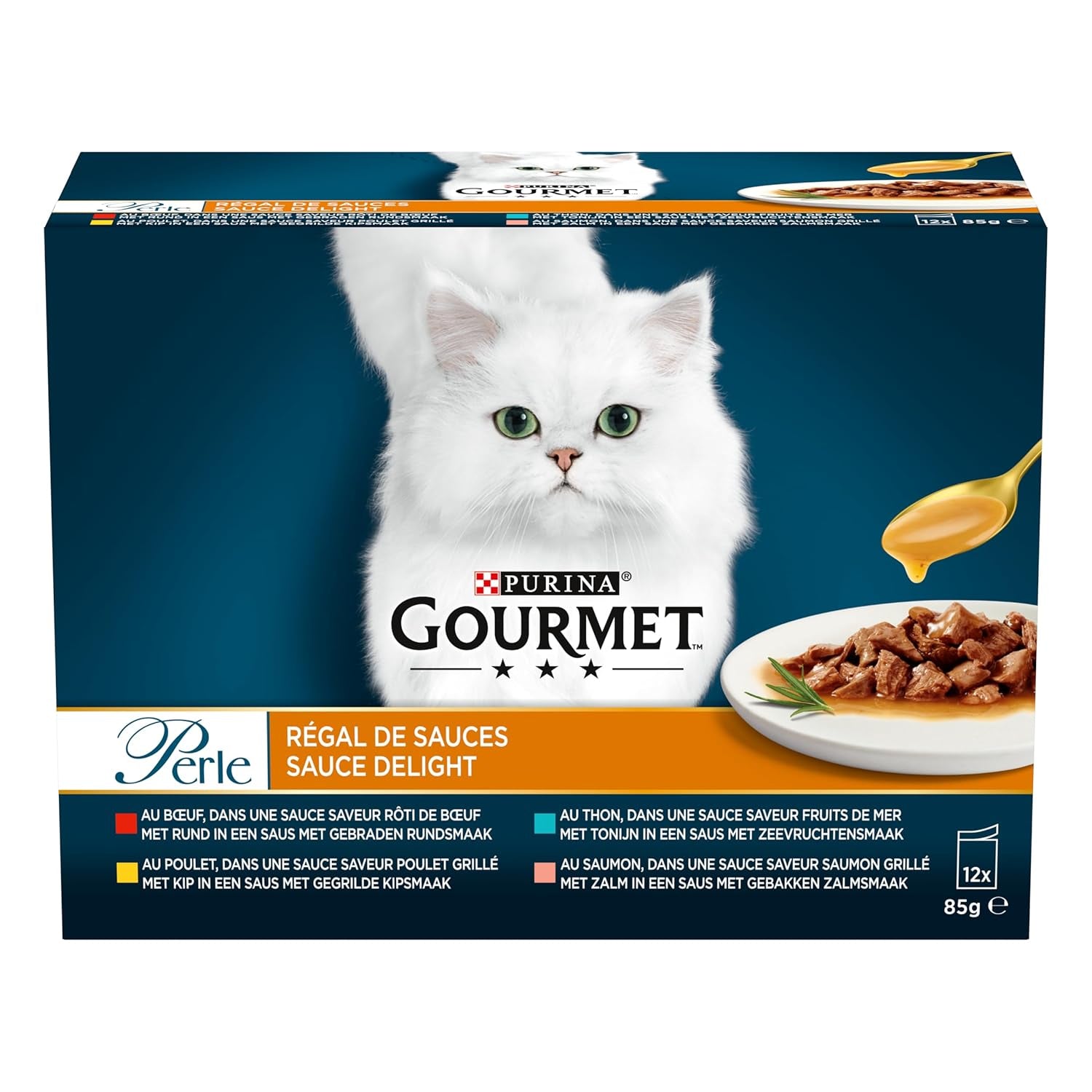 Perla | Portasalsa | Gatto adulto | Manzo, Pollo, Tonno, Salmone | 12 x 85 g | Bustine salvafreschezza (la confezione può variare)