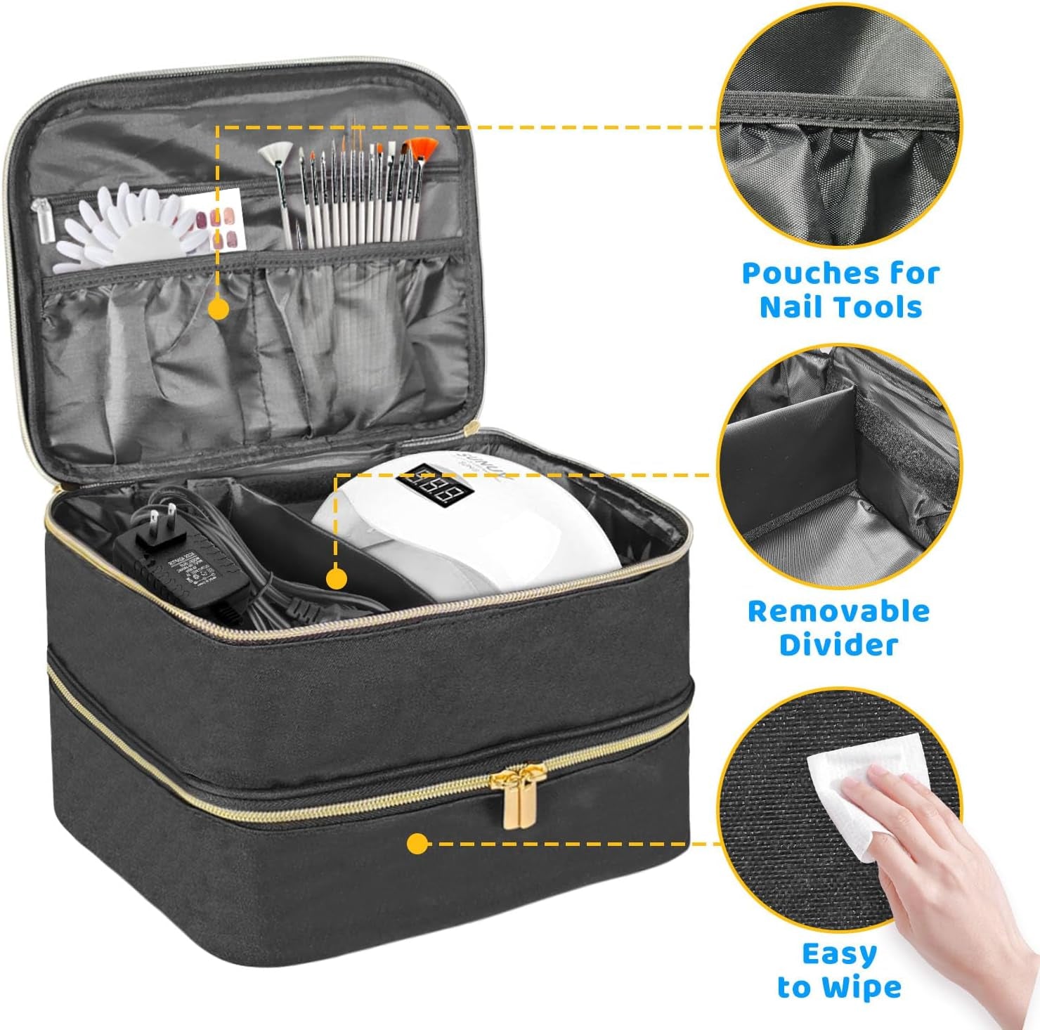 Tasche organizer per smalto per unghie, scatola portaoggetti per smalto per unghie doppia, borsa organizer per cosmetici per design cosmetico per 30 bottiglie di base Neonail (15 ml-0,5 fl.oz) e 1 lampada per unghie (nero)