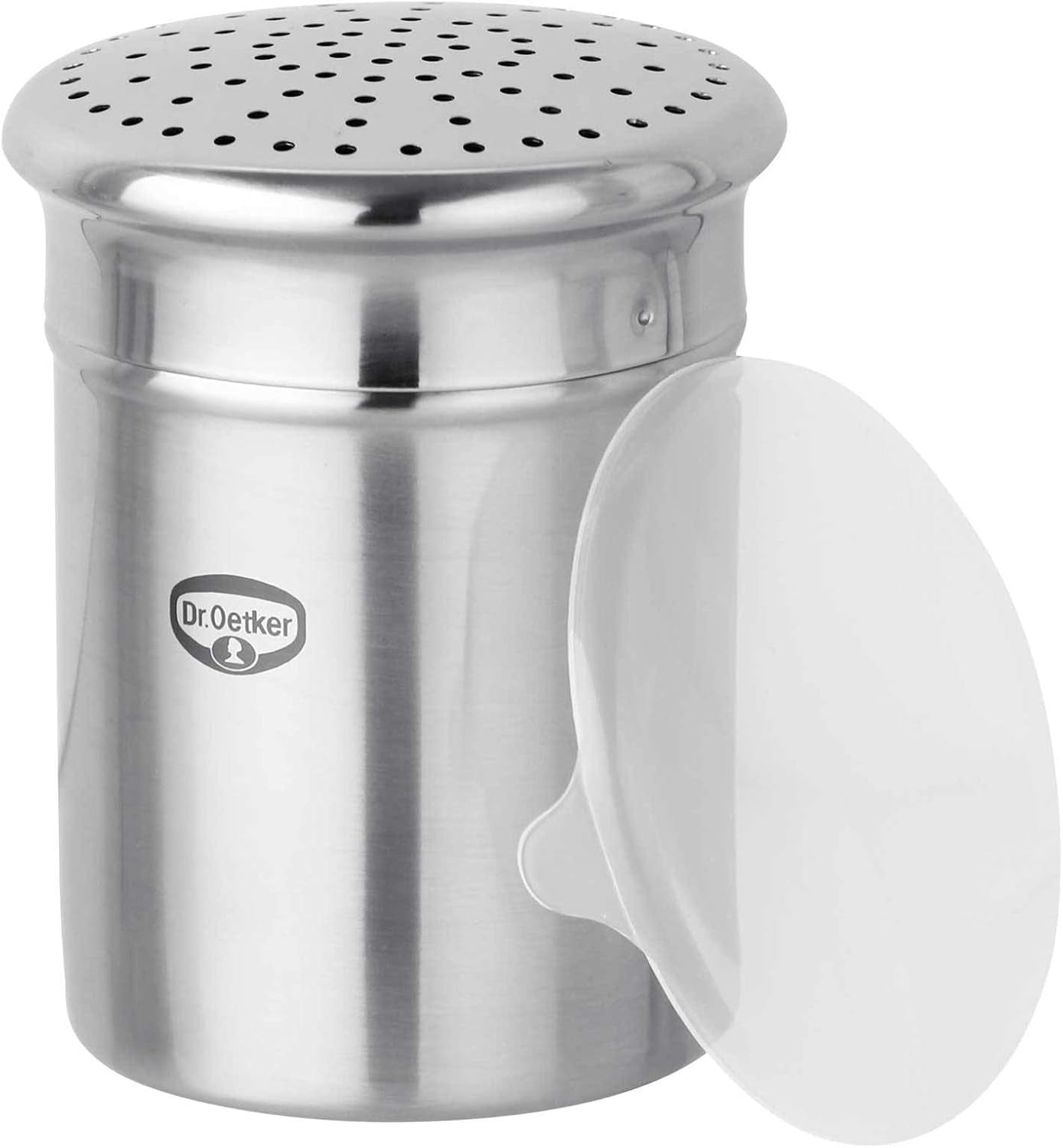 Dr. Oetker Zuccheriera per zucchero grosso, Utensile da cucina in acciaio inossidabile di alta qualità per spolverare rapidamente e in modo decorativo, Grande capacità, Inclusa copertura protettiva, (Colore: Argento), Quantità: 1 pezzo