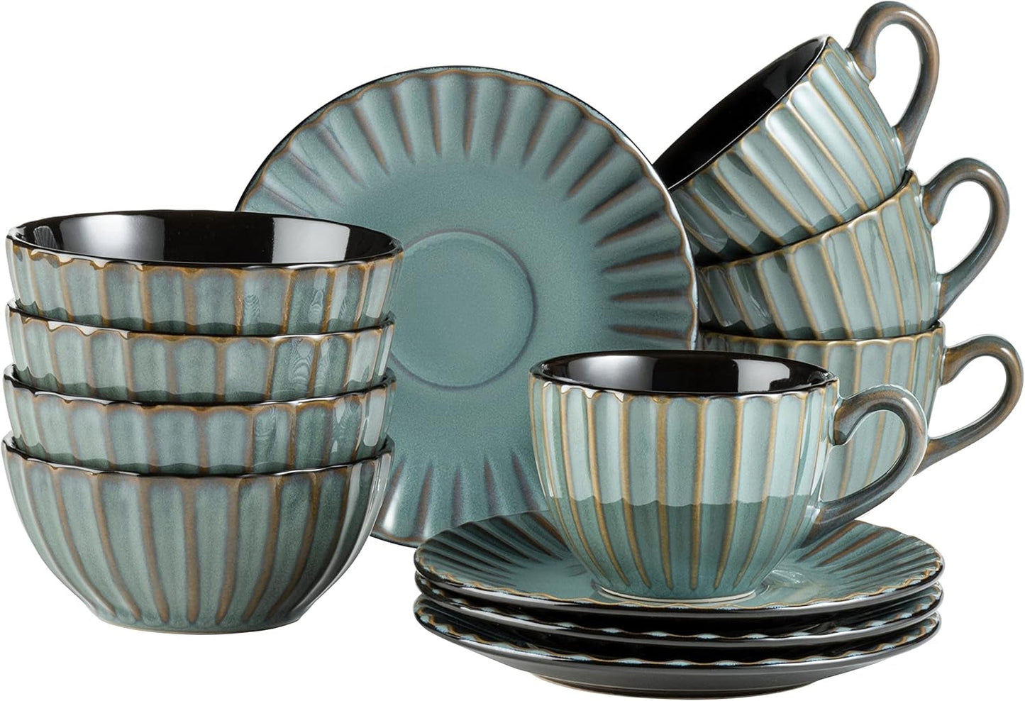 MÄSER 931966 Servizio da tavola serie Confino per 4 persone, look vintage moderno, set da colazione in ceramica, 12 pezzi, colore petrolio con accenti neri, gres