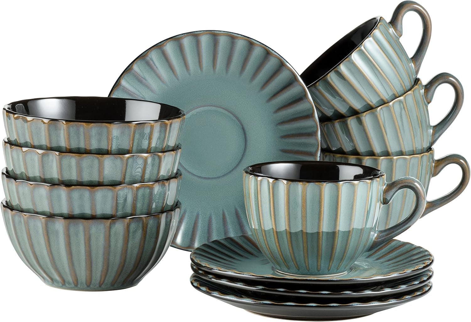 MÄSER 931966 Servizio da tavola serie Confino per 4 persone, look vintage moderno, set da colazione in ceramica, 12 pezzi, colore petrolio con accenti neri, gres