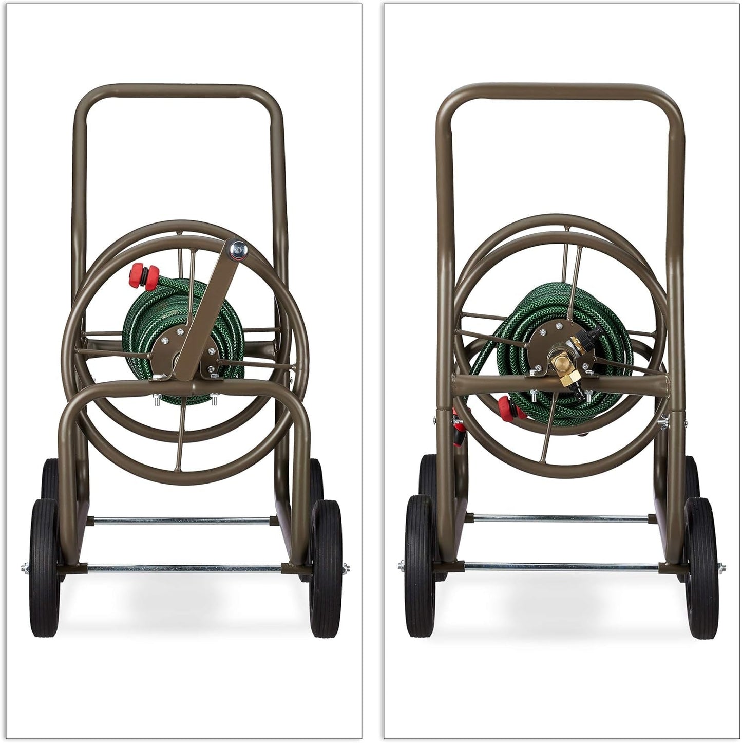 Carrello portatubo XL Relaxdays, avvolgitubo mobile, in metallo, per tubo da 60 m, 4 ruote, con manovella, rullo a 90°, marrone