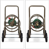 Carrello portatubo XL Relaxdays, avvolgitubo mobile, in metallo, per tubo da 60 m, 4 ruote, con manovella, rullo a 90°, marrone