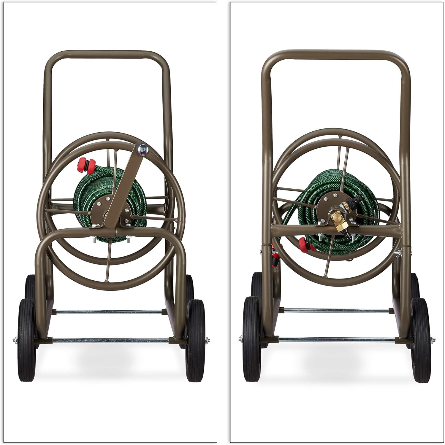 Carrello portatubo XL Relaxdays, avvolgitubo mobile, in metallo, per tubo da 60 m, 4 ruote, con manovella, rullo a 90°, marrone