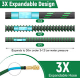 Tubo da giardino flessibile verde da 30 m/100 piedi con ugello di spruzzatura e connettori in ottone da 3/4" e 1/2" 10 funzioni Tubo dell'acqua estensibile a 3 pieghe senza attorcigliamenti per pavimento da giardino, patio, auto