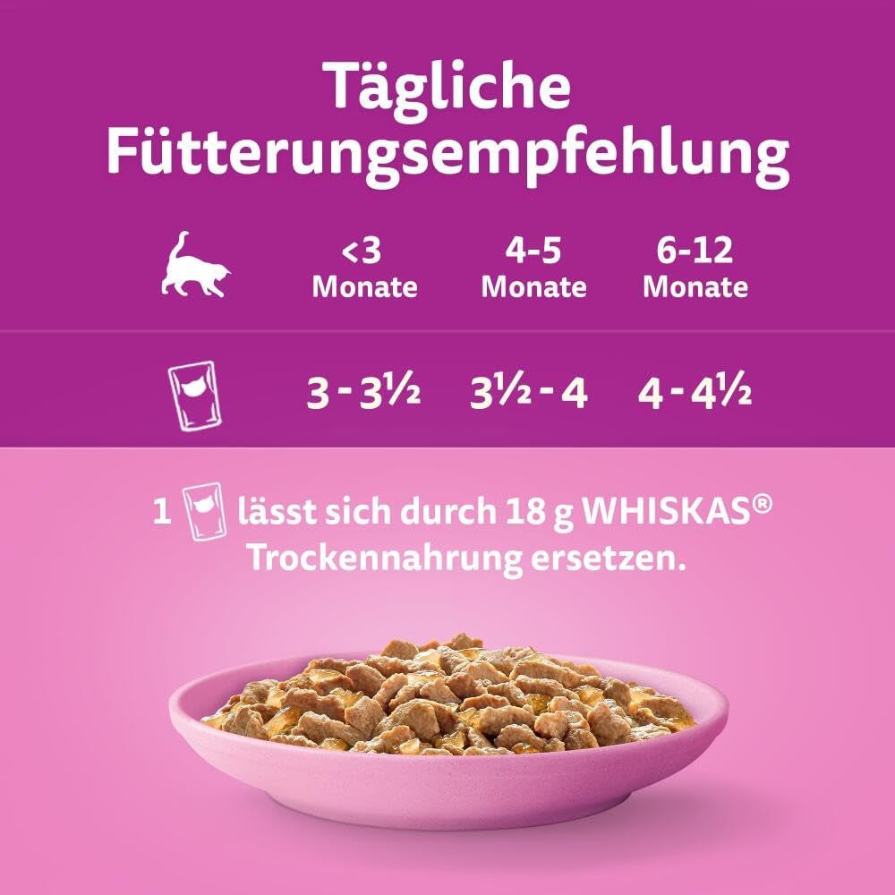 WHISKAS Junior Bustine di Alimenti Umidi, Confezione Multipla, Selezione di Carne di Pollame in Gelatina, 12 x 85g