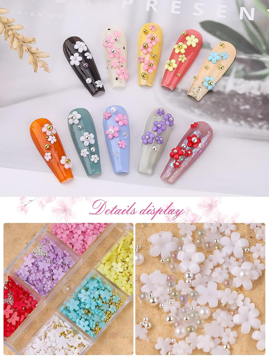 Kalolary Ciondoli per Nail Art Fiori, Fiori in Acrilico 3D per Unghie Cinque Petali Ornamenti Floreali Gemme per Unghie Strass Perline in Metallo Misto per Creazione di Gioielli Fai da Te Nail Art Design (2 Scatole)