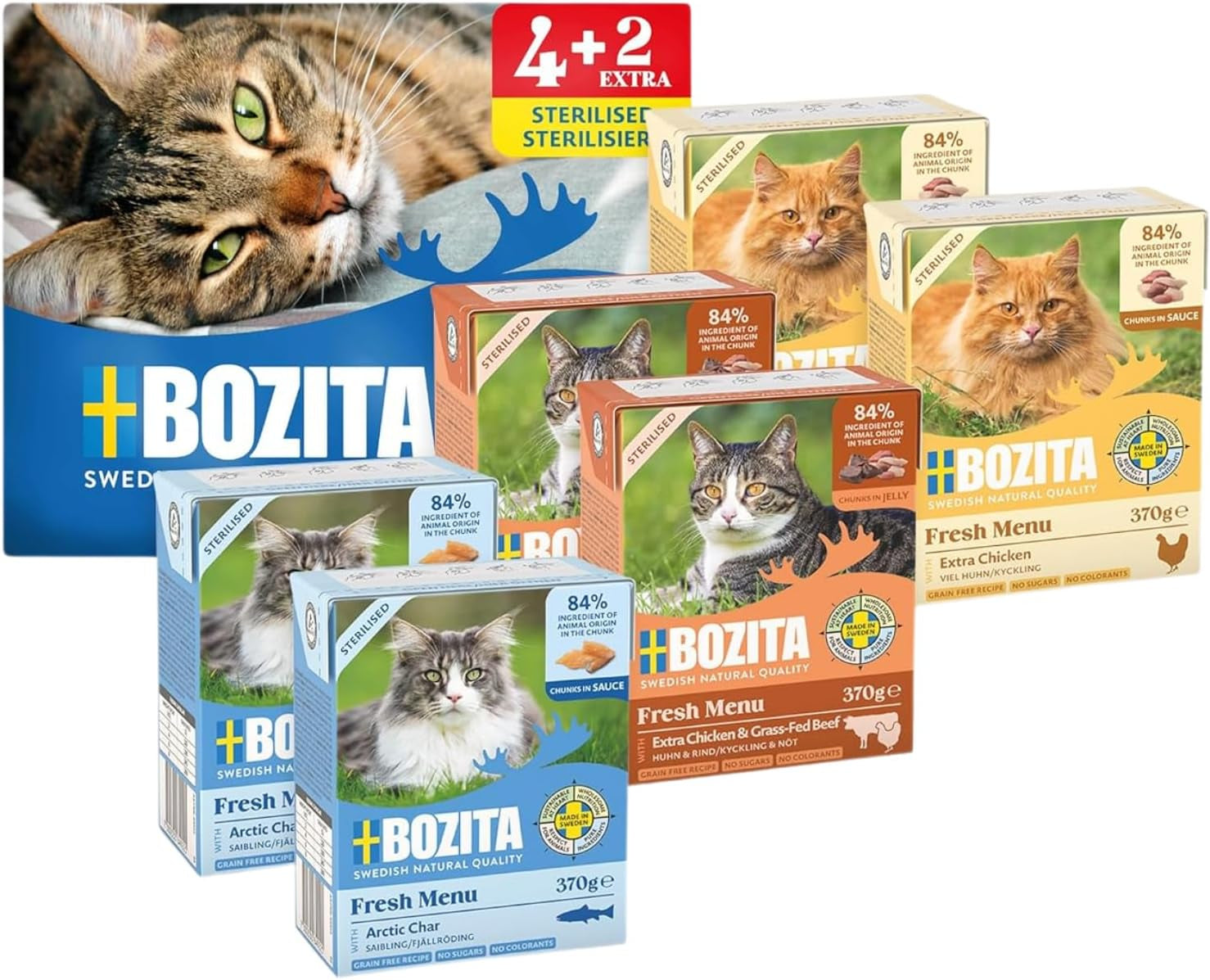 Confezione prova Bozita Tetra in salsa con tanto pollo, carbone e tanto pollo e manzo in gelatina - 4+2-6x370g Alimento senza cereali e senza zucchero per gatti sterilizzati con 7,5% di proteine ​​e 5% di grassi