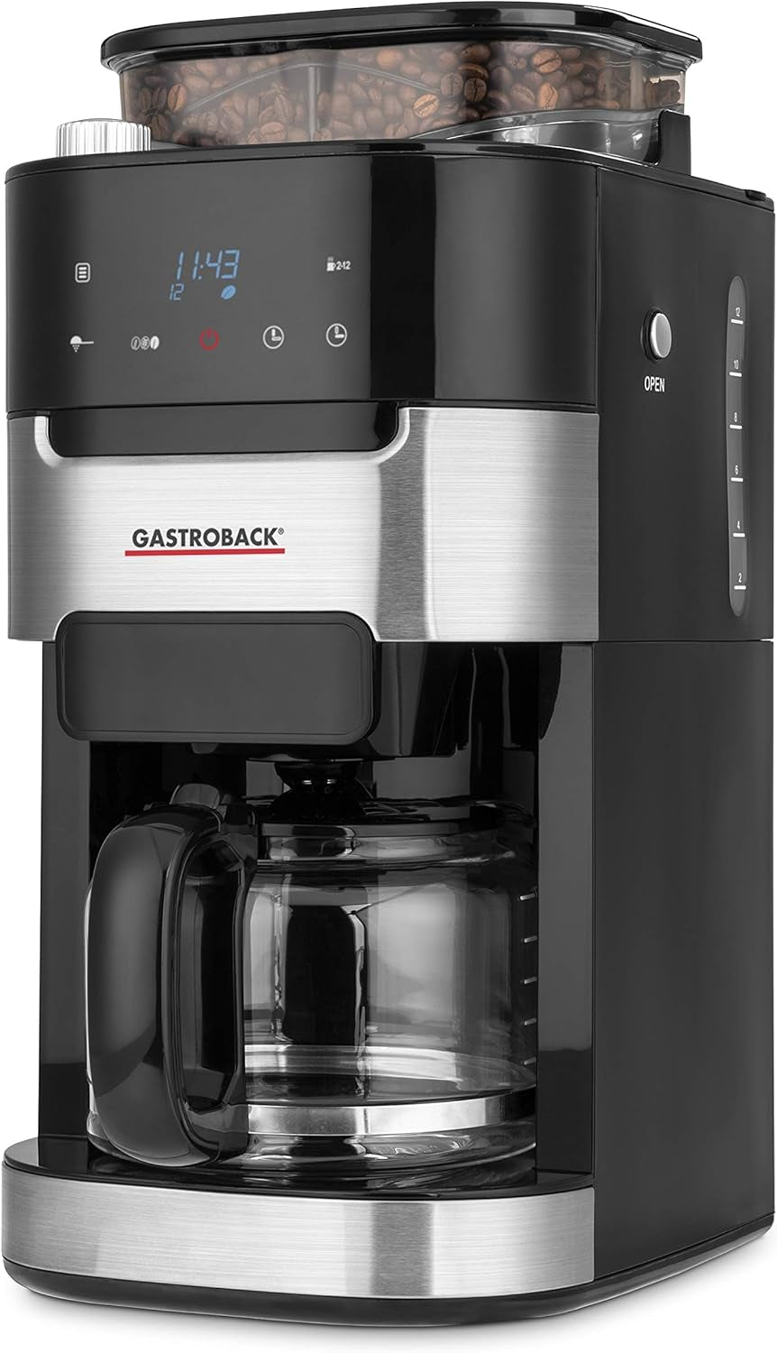 GASTROBACK 42711 Macchina per caffè espresso Grind & Brew Pro, Macchina per caffè espresso con filtro e macinacaffè integrati, Macinino conico con 8 impostazioni di macinatura, Touch screen LCD, Plastica