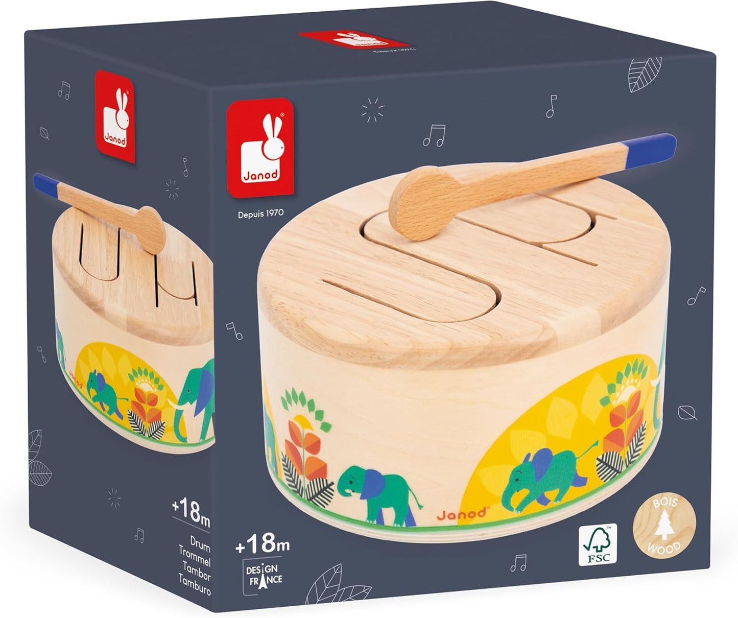 Janod - Gioia Drum - Tamburo in legno + tamburo FSC - Giochi di ruolo e prima educazione musicale - Acquerello - Dai 18 mesi, J07650 Bebe Toys Naty Shop