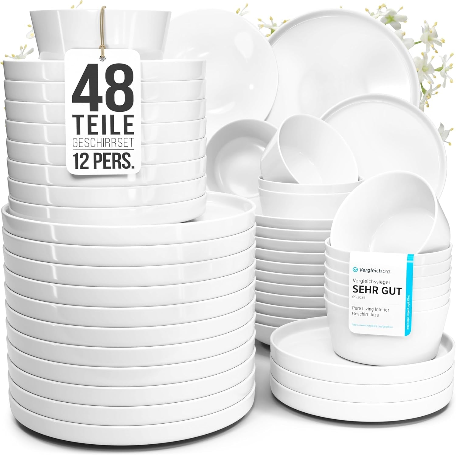 Set di stoviglie in porcellana cristallo da 48 pezzi VINCITORE DEL TEST Set di stoviglie in porcellana trasparente Ciotole e piatti Servizio da tavola per 12 set di stoviglie Pure Living in bianco