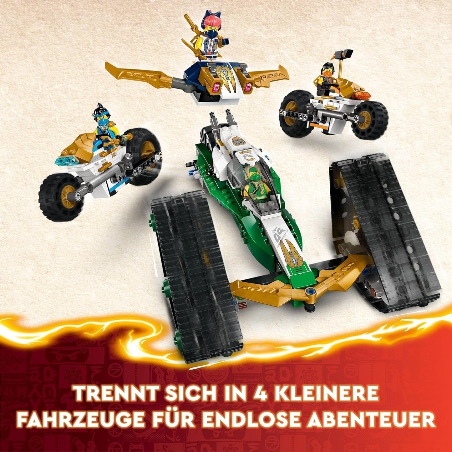 LEGO NINJAGO Ninja Team Combi Caterpillar 4 in 1 Set con aliante, auto da corsa e 2 motociclette e 6 minifigure Regalo per ragazzi e ragazze Giocattolo Ninja 71820 Set da costruzione Besuche den LEGO-Store