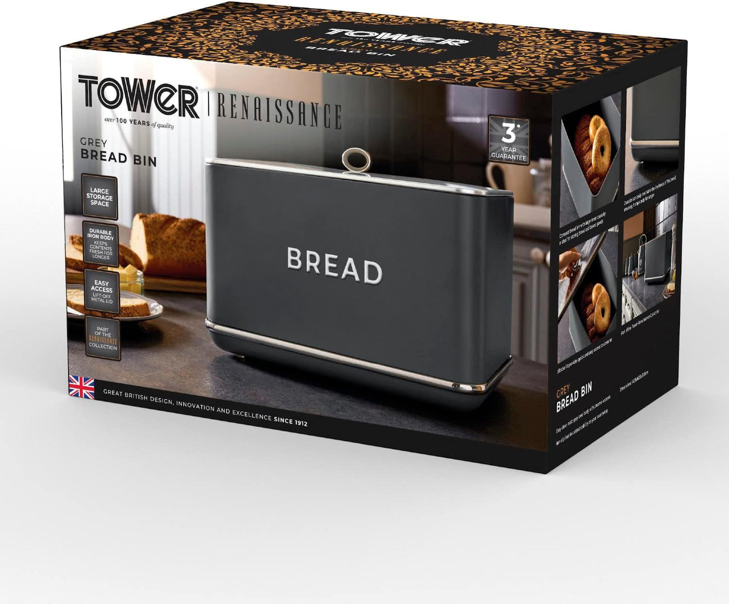 Tower T826175GRY Cestino per il pane rinascimentale, capacità 16 l, coperchio singolo, grigio Contenitori per alimenti Naty Shop