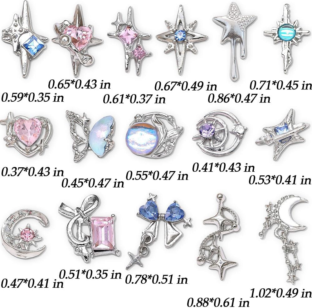 16 Stile Luxus Mond Stern Nagel Charms 3D Nail Charms Y2K Legierung Strasssteine ​​​​Bogen Schmetterling Nagel Schmuck Metall Nail Art Charms Nägel Glitzersteine ​​​​Nailart Strass Nageldesign Zubehör