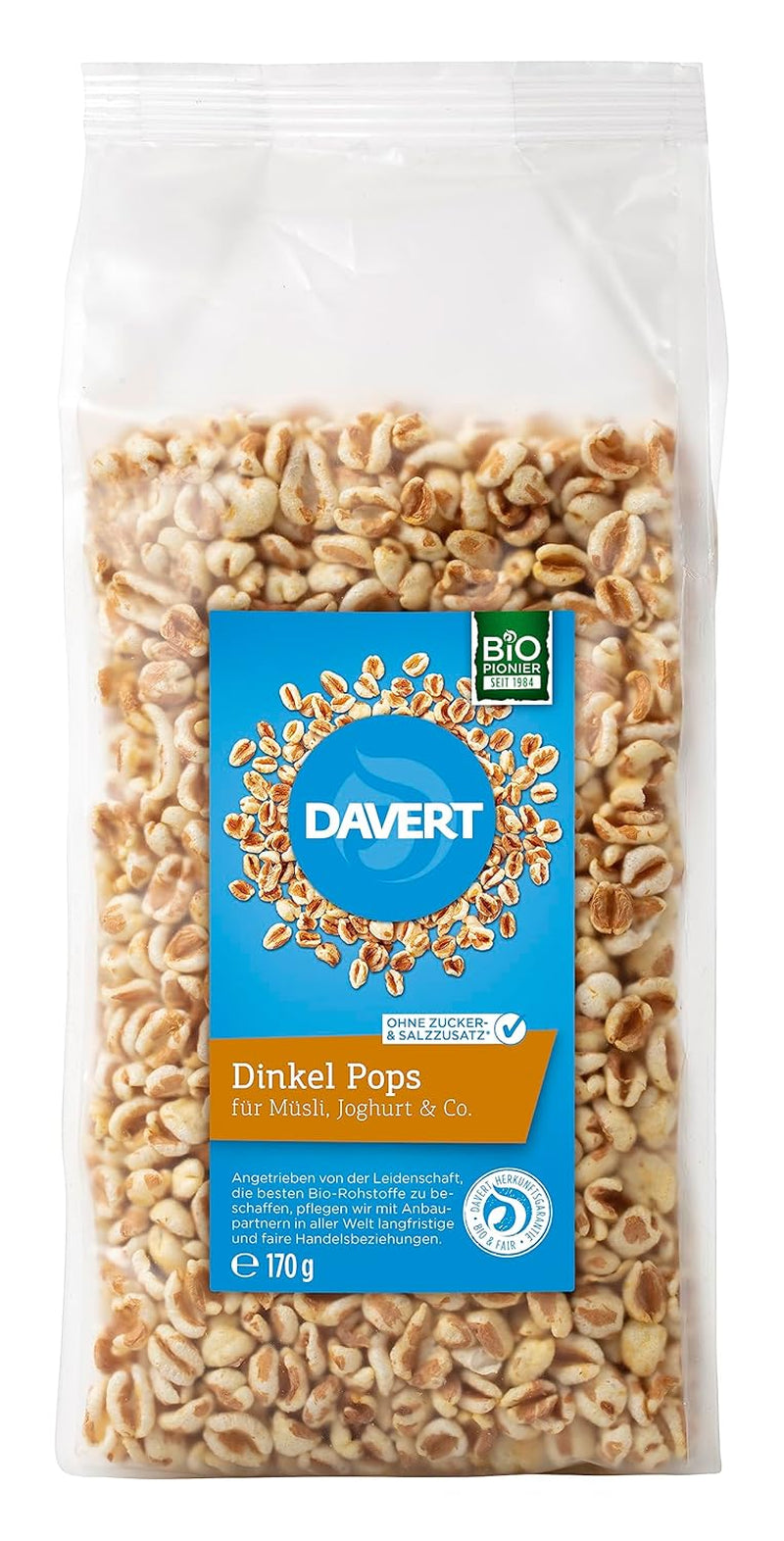 Davert Dinkel Pops 170G – Aromatische Aufgepuffte Dinkelkörner, Luftig Leicht Und Fein Röstig Im Geschmack – 100% Davert Bio-Qualität (1 X 170G) Cereale Naty Shop Titolo predefinito