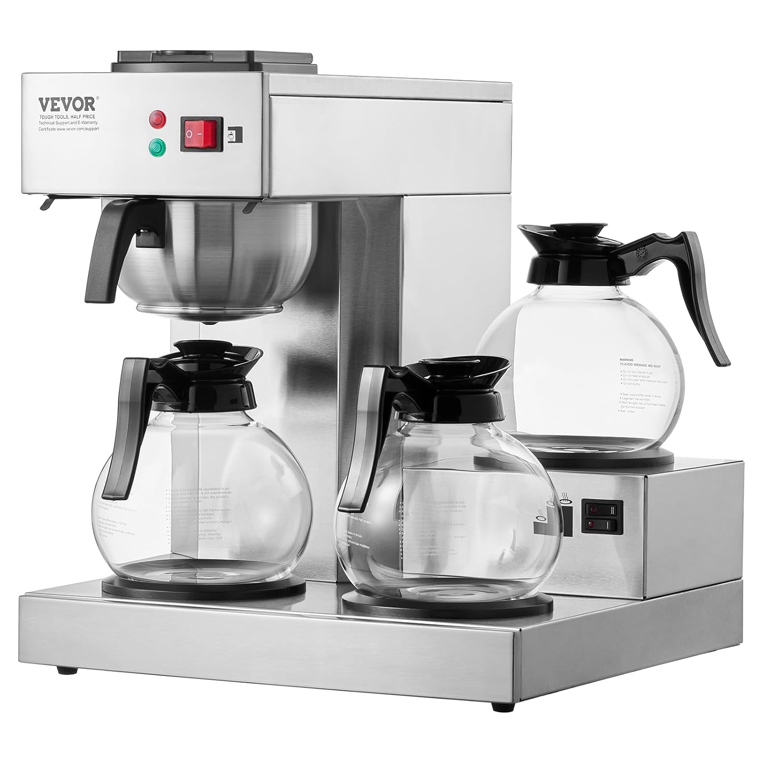 VEVOR Macchina per caffè espresso commerciale con filtro da 12 tazze con 3 caraffe in vetro e 3 piastre riscaldanti Macchina per caffè espresso in acciaio inossidabile con fornitura automatica di acqua per bar ristorante ufficio