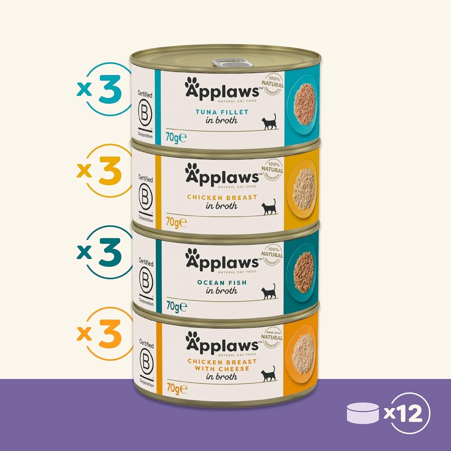 Applaws Alimento umido Premium 100% Naturale per Gatti Adulti in Brodo - Tonno, Pollo, Frutti di Mare, Selezione Mista in Brodo - Confezione da 12 Lattine x 70g