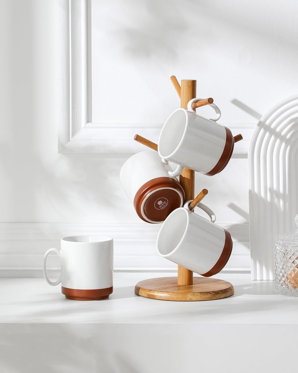 Set tazze da caffè MALACASA, set di tazze in gres da 350 ml per 4 persone, tazze da caffè moderne per tè, succo di frutta, latte, cappuccino, cioccolata calda. Lavabile in lavastoviglie e adatta al microonde, serie TARA, bianco kaki