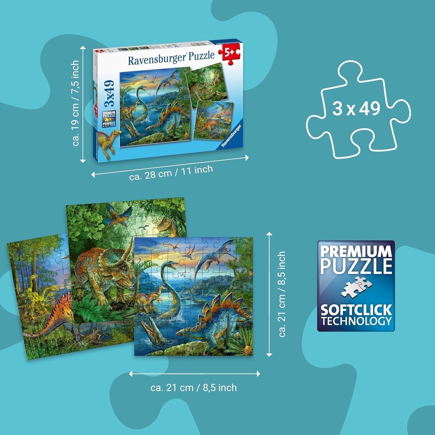 Ravensburger Puzzle per Bambini - 09317 Il Fascino dei Dinosauri - Puzzle 3X49 Pezzi per Bambini dai 5 Anni in su Puzzle Naty Shop