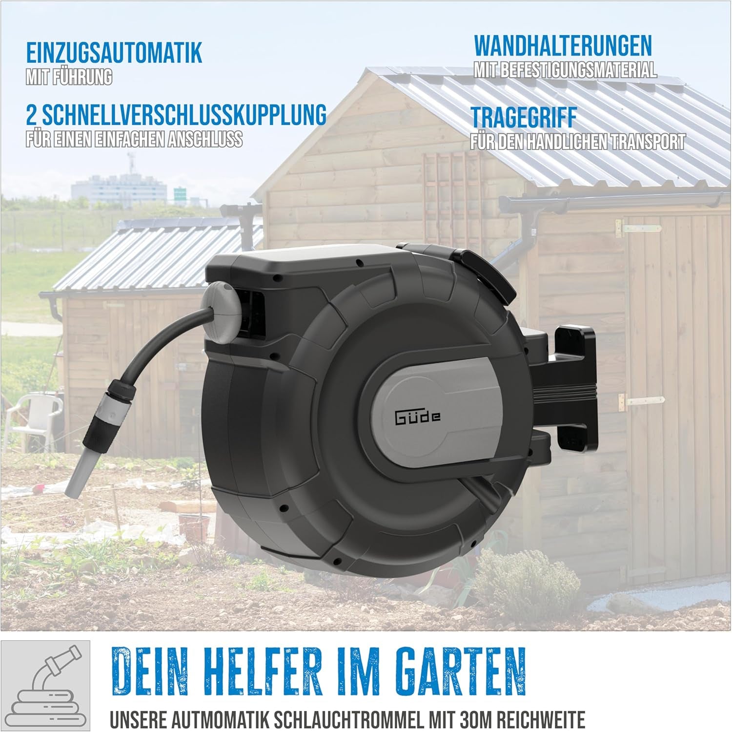 Avvolgitubo automatico Güde 30-2-2 1/2 (rotazione di 180°, per montaggio a parete, tubo da 30 m, getto d'acqua, supporto a parete, retrazione automatica, arresto retrazione, maniglia di trasporto, 2 attacchi rapidi)