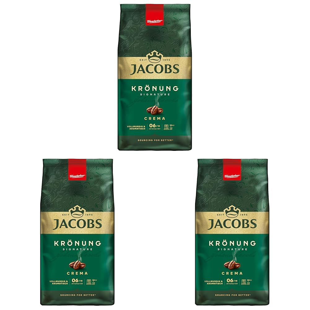 Jacobs Café Crema Gold Kaffeebohnen 1Kg – Vollmundig, Aromatisch, Fruchtige Notes, Arabica & Robusta Bohnen, Intensità 5/10, Ideale per Café Crema Naty Shop Krönung Crema 3 x 1 Kg