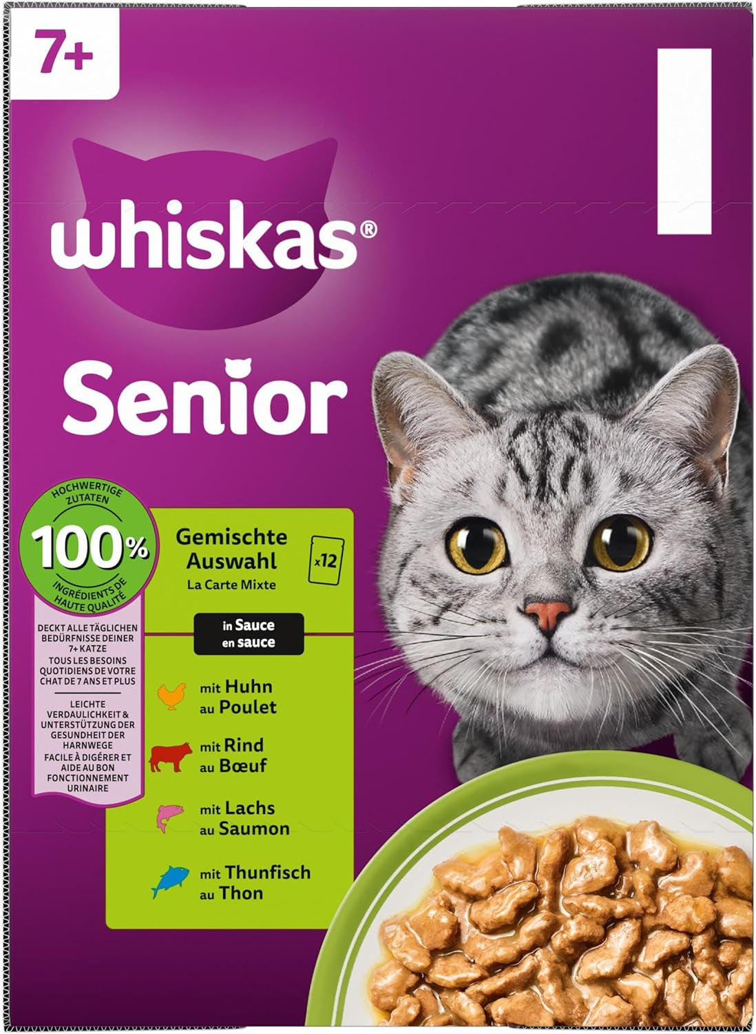Whiskas Senior 7+ Selezione Mista di Cibo Umido in Salsa, 48 Bustine, 12x85g (Confezione da 4) - Cibo Umido di Alta Qualità per Gatti dai 7 Anni in su