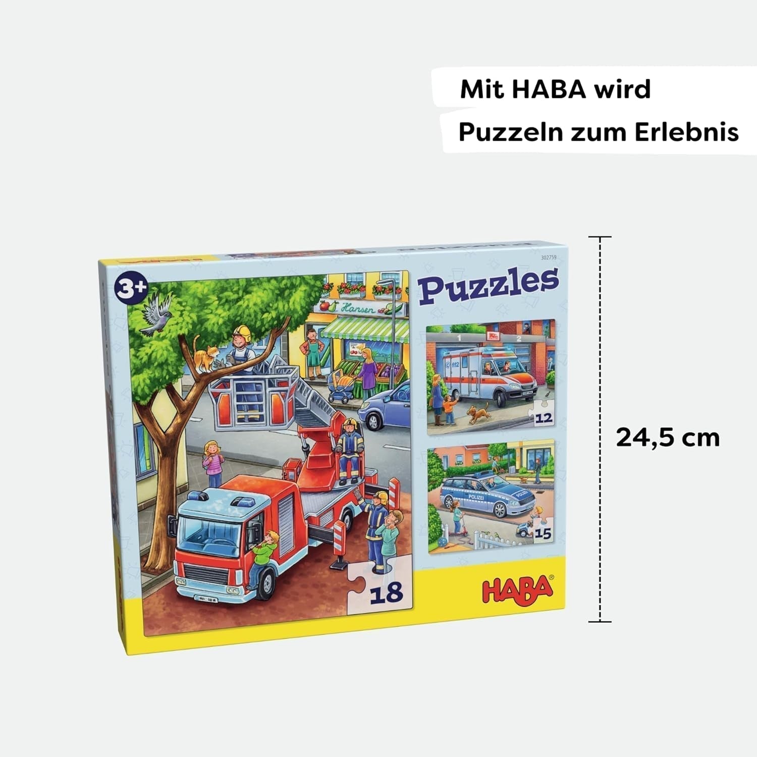 HABA Puzzle Vigili del Fuoco - Set da 3 Pezzi per Bambini dai 3 Anni in su Puzzle in Cartone con Polizia e Ambulanza - Stimola la motricità fine e la concentrazione - 1302759001 Puzzle Naty Shop