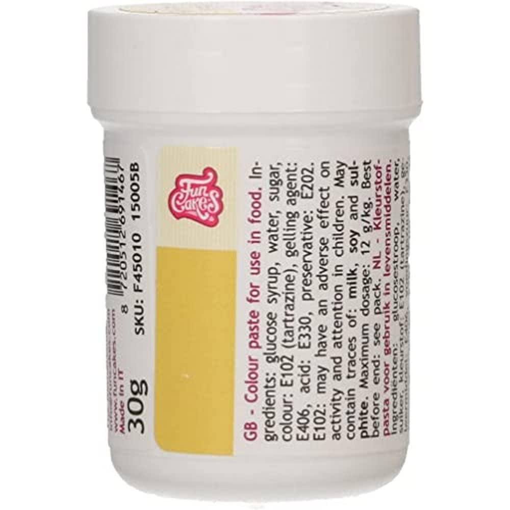 Colorante alimentare concentrato Funcakes Paste Color Giallo; per pasta, panna, fondente, marzapane, pasta, pasta da modellare e pasta per fiori. Halal. 30 g