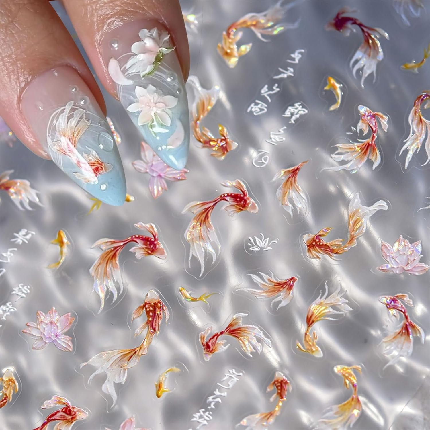 JMEOWIO 3D Nagelsticker Koi Fisch Nail Art Sticker Self-klebend Nagelaufkleber 5D Stereoscopico Decorazione Nageldesign Zubehör 1 Blatt