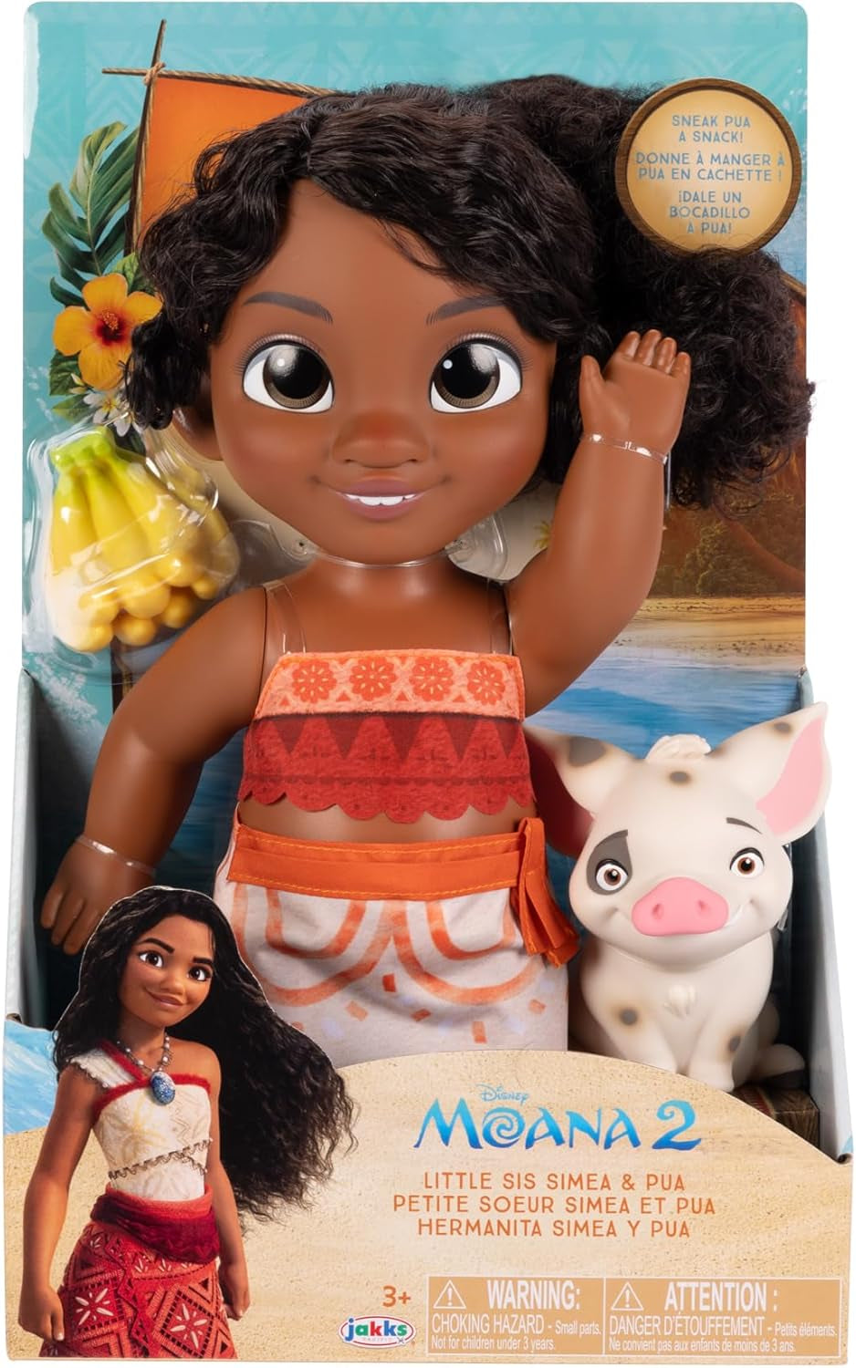 Jakks Pacific Moana 2 Little Sister Simea Doll e Pua Figure Playset alto 27 cm, include 1 vestito per bambola, 1 Pua, 1 mazzo di banane in plastica, consigliato dai 3 anni in su