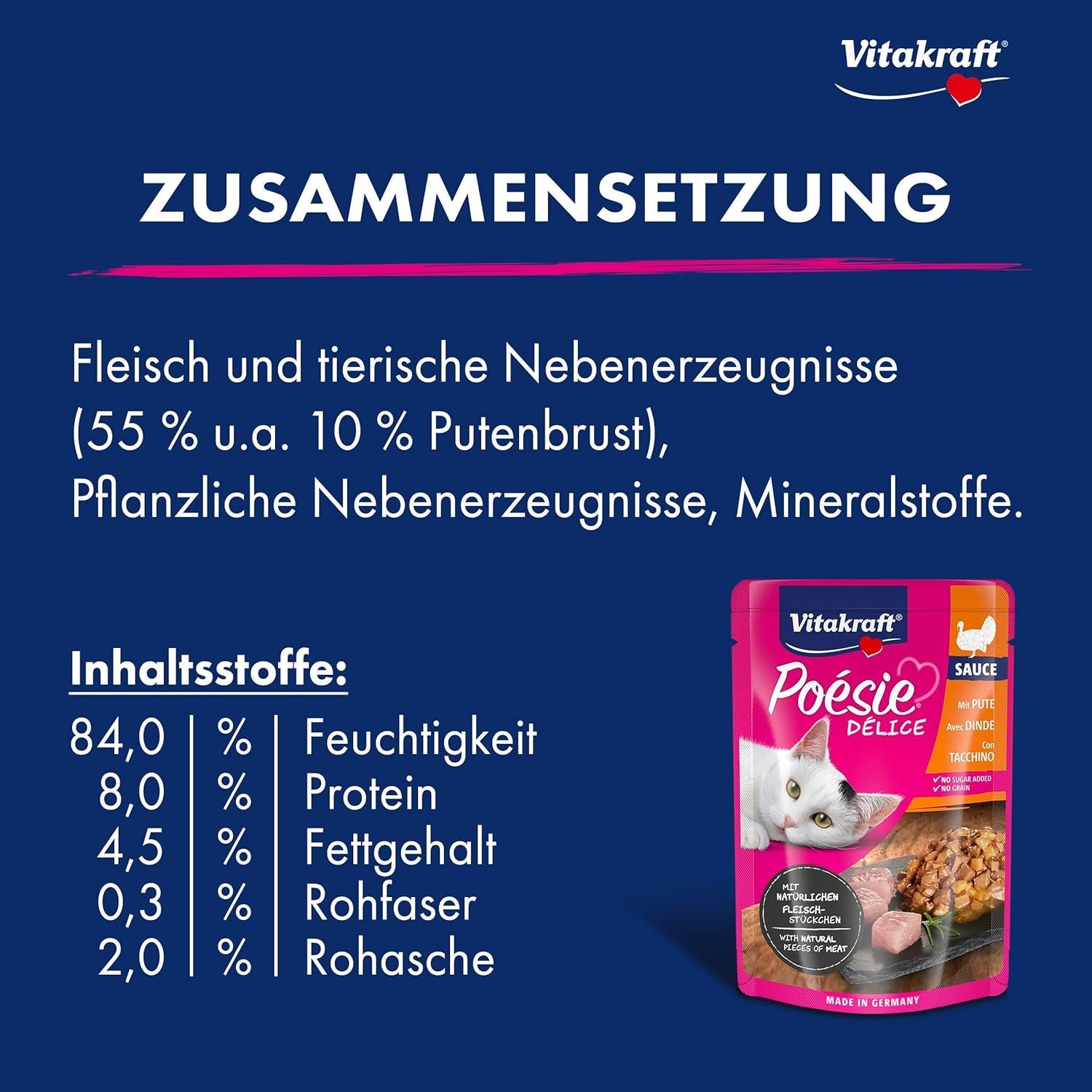 Vitakraft Poésie Délice, cibo umido per gatti, cibo per gatti in salsa, con tacchino, confezione sfusa, senza zuccheri o cereali aggiunti (23 x 85 g)