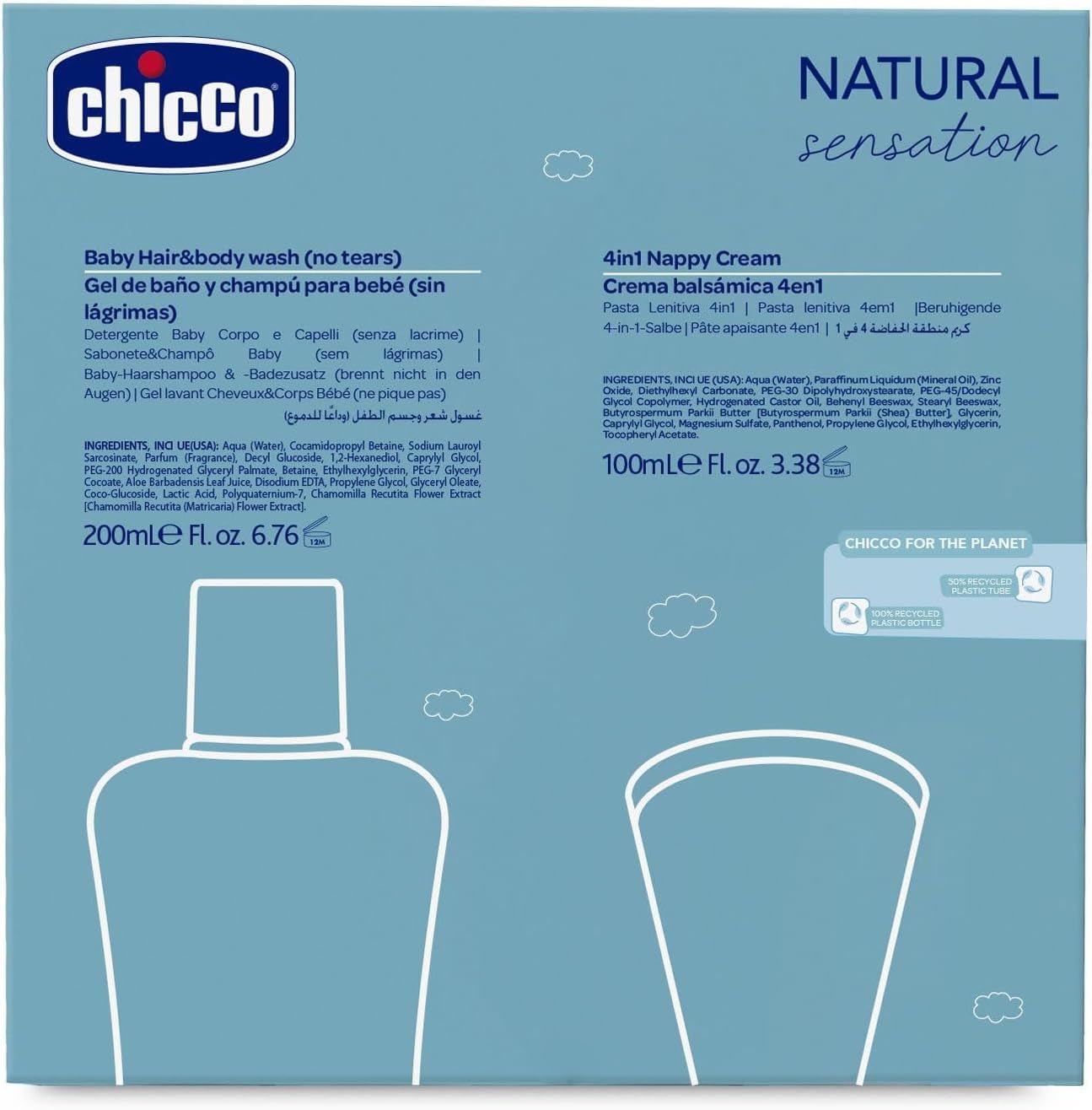 CHICCO NATURAL SENSATION - SET 2: 1 SHAMPOO E BAGNO - NON ESSICCANTE 200 ML, 1 CREMA CAMBIAMENTO 4IN1 100 ML Bambini - Bagno e Cura della Pelle Naty Shop