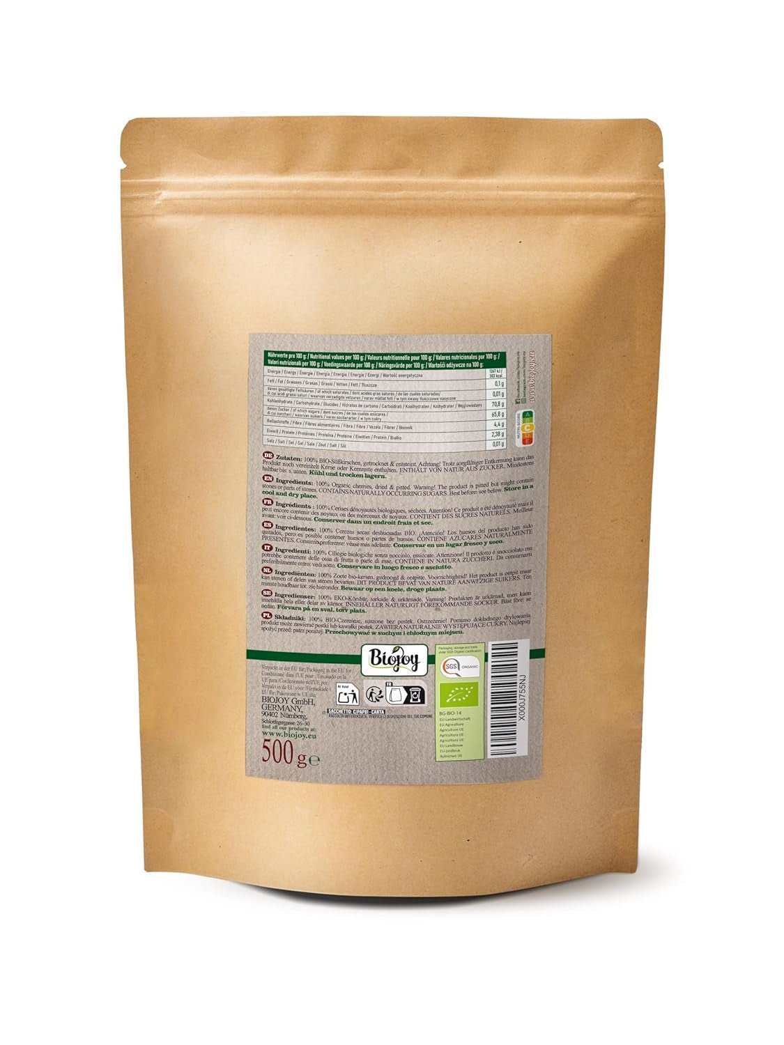 Ciliegie secche Biojoy (500 g), denocciolate e senza zolfo Prodotti secchi Naty Shop