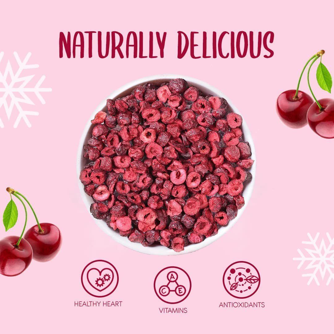 Ciliegie liofilizzate 100g - Ciliegie amare liofilizzate - Frutta secca liofilizzata - Ciliegie amare secche a fette - Perfette per pasticceria, decorazione, muesli e dessert Prodotti disidratati Naty Shop