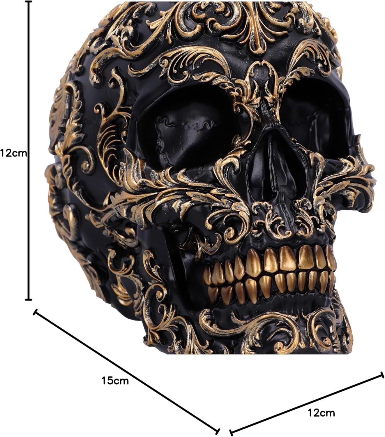 Teschio rinascimentale, 19 cm, resina, nero e oro, motivo barocco dorato, ornamento teschio nero, decorazione gotica, fuso nella migliore resina sintetica, dipinto a mano da esperti statuette e sculture Naty Shop