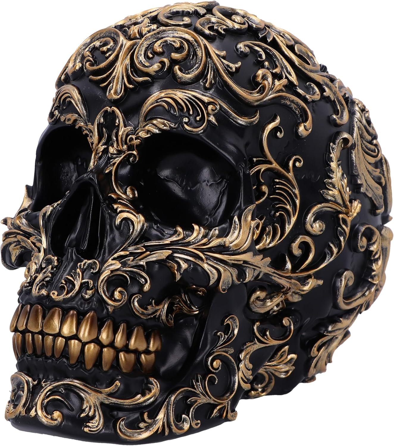 Teschio rinascimentale, 19 cm, resina, nero e oro, motivo barocco dorato, ornamento teschio nero, decorazione gotica, fuso nella migliore resina sintetica, dipinto a mano da esperti statuette e sculture Naty Shop
