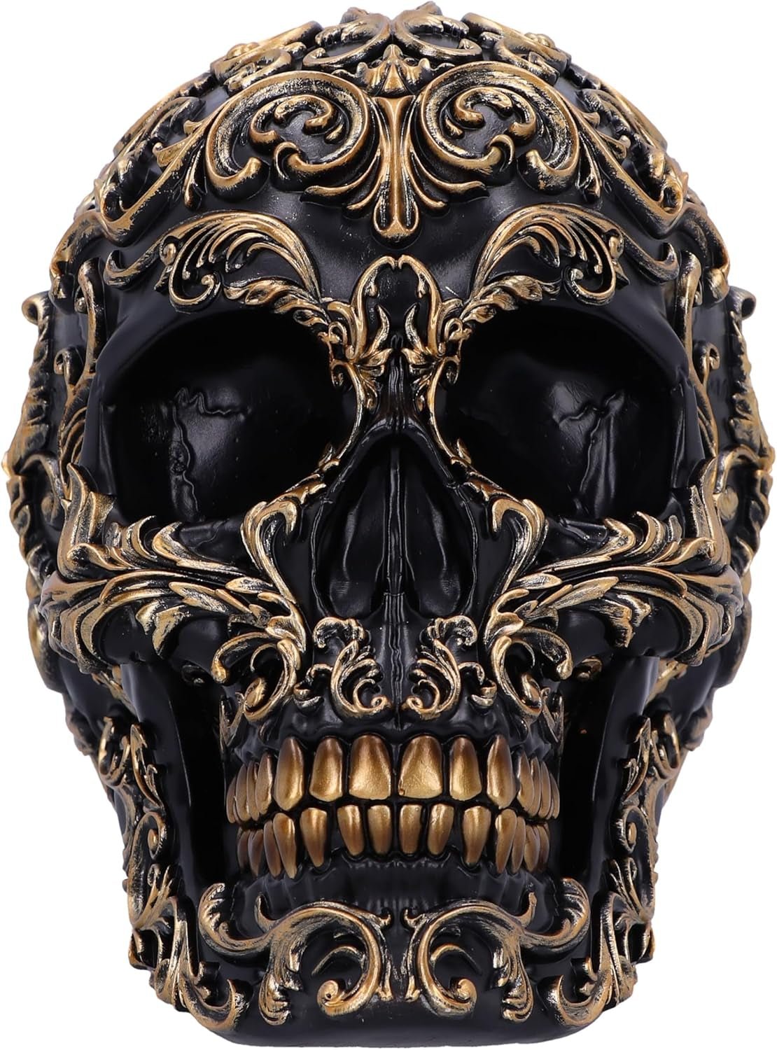 Teschio rinascimentale, 19 cm, resina, nero e oro, motivo barocco dorato, ornamento teschio nero, decorazione gotica, fuso nella migliore resina sintetica, dipinto a mano da esperti statuette e sculture Naty Shop
