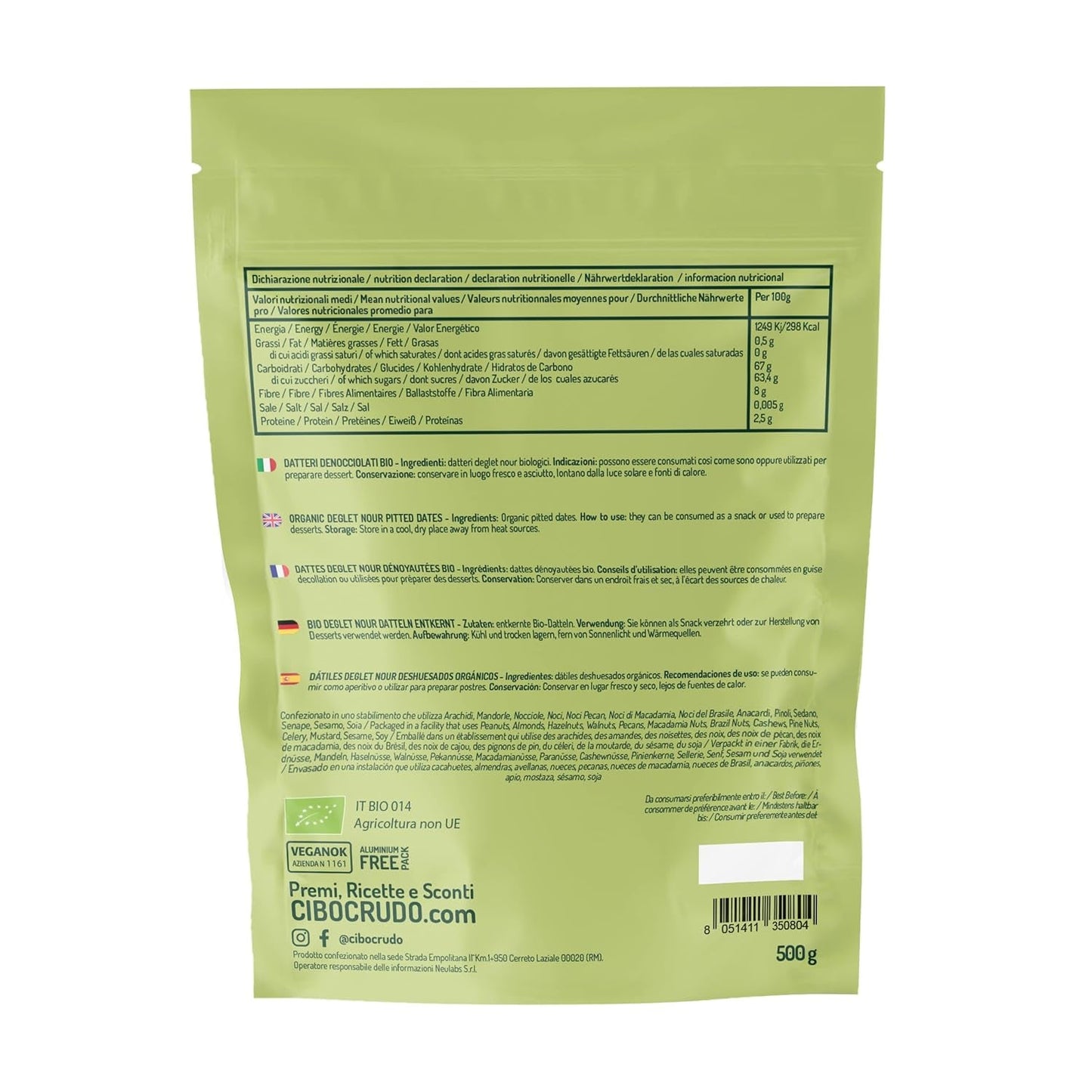 Datteri senza semi Deglet Nour Bio - 500g. Datteri secchi naturali Deglet Nour biologici. Datteri secchi. Prodotti disidratati Naty Shop