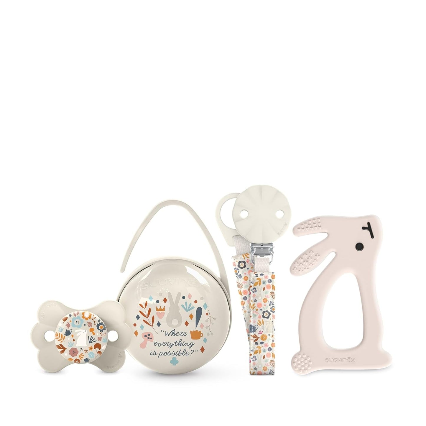 Set regalo Suavinex per neonati. Set 4 pezzi composto da: Succhietto fisiologico SX Pro per neonati 0-6 mesi + portaciuccio + copriciuccio Duo + anello dentizione in silicone. Paese delle meraviglie, beige
