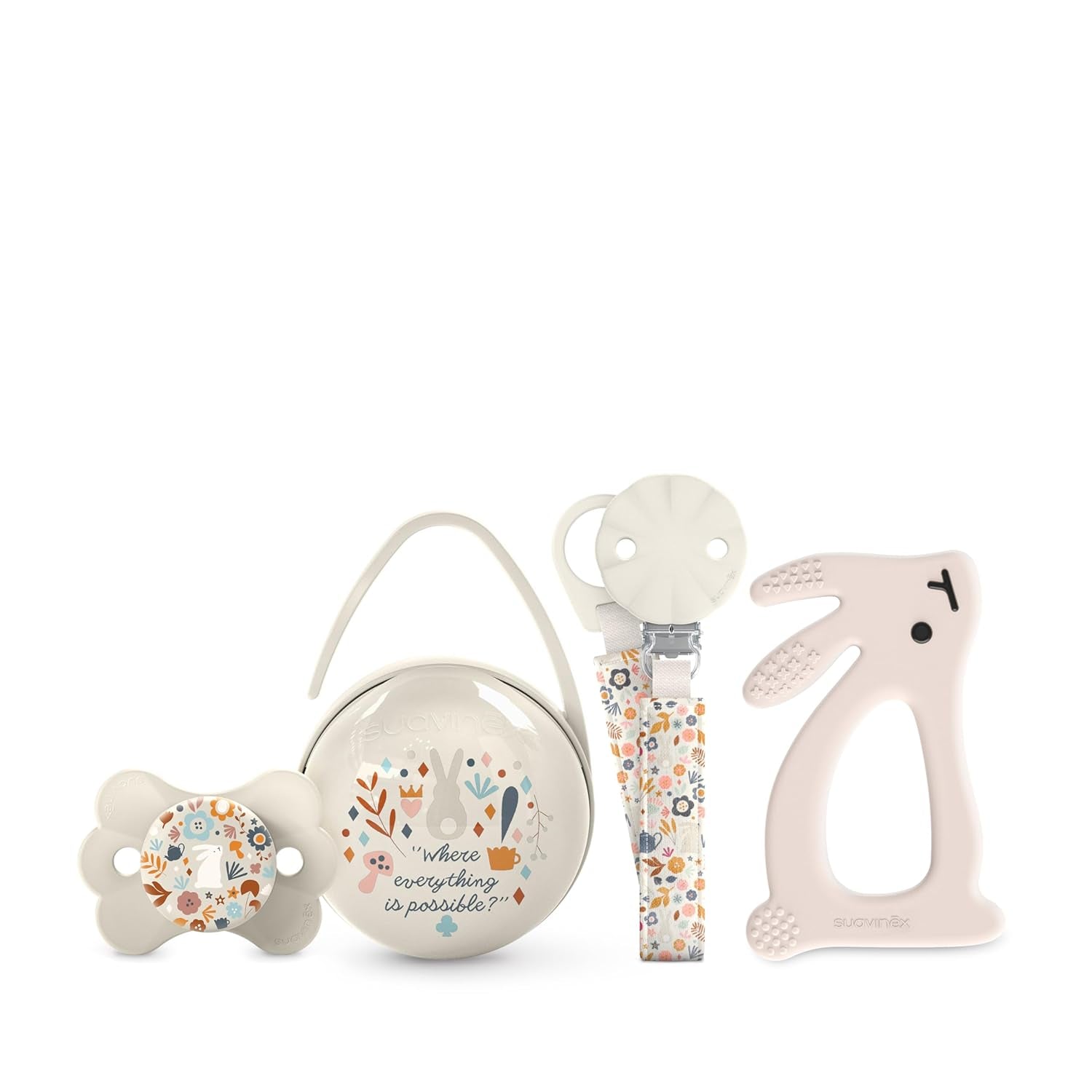 Set regalo Suavinex per neonati. Set 4 pezzi composto da: Succhietto fisiologico SX Pro per neonati 0-6 mesi + portaciuccio + copriciuccio Duo + anello dentizione in silicone. Paese delle meraviglie, beige