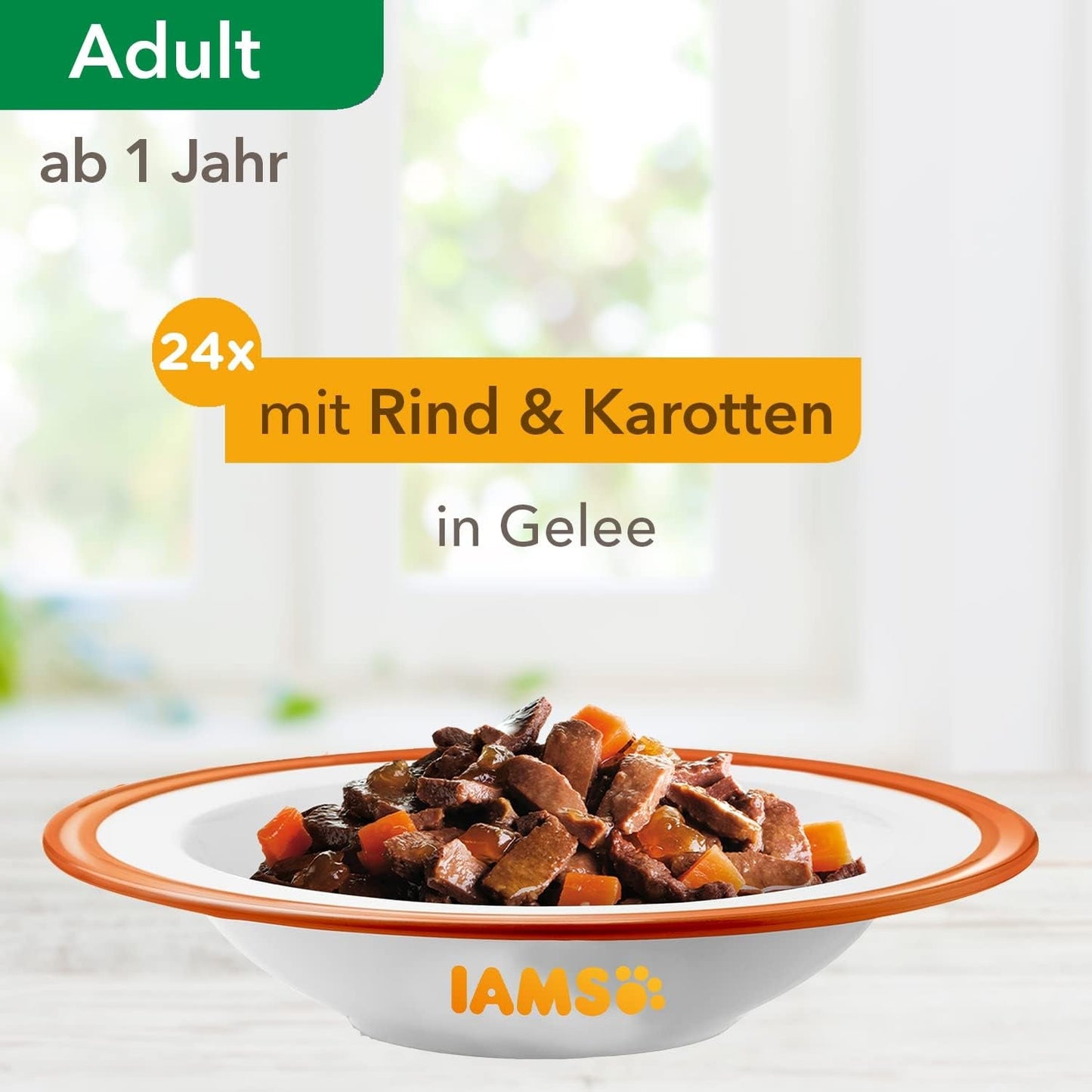 IAMS Delights Cibo Umido per Gatti con Manzo Succoso e Carote in Gelatina - Alimento Umido Completo per Gatti Adulti, 24 Bustine x 85g